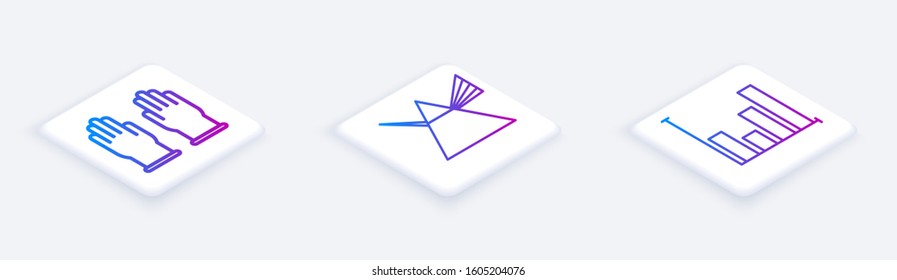 Set Isometric line Rubber gloves, Light rays in prism and Pie chart infographic. White square button. Vector
