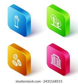 Set Isometric line Rubber gloves, Tree, Seeds and Granary icon. Vector