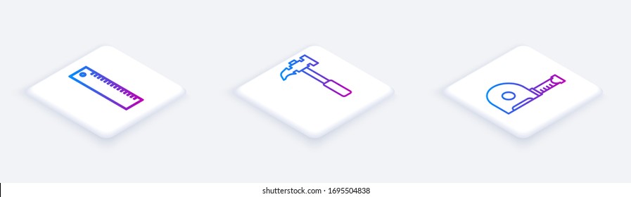 Set Isometric line Ruler, Claw hammer and Roulette construction. White square button. Vector
