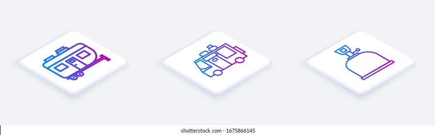 Set Isometric line Rv Camping trailer, Rv Camping trailer and Camping gas stove. White square button. Vector