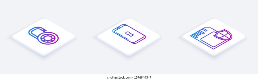 Set Isometric line Safe combination lock wheel , Smartphone with lock  and SD card and shield . White square button. Vector