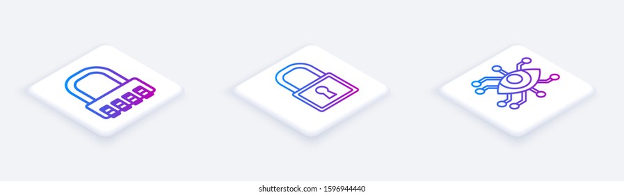 Set Isometric line Safe combination lock , Lock  and Eye scan . White square button. Vector
