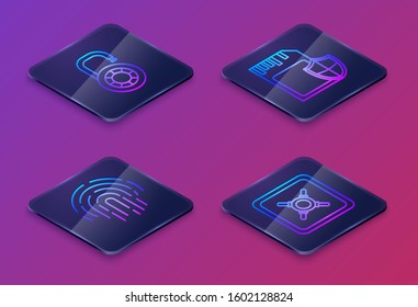 Set Isometric line Safe combination lock wheel , Fingerprint , SD card and shield  and Safe . Blue square button. Vector