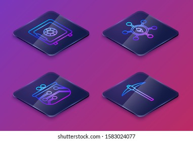 Set Isometric line Safe, Cryptocurrency wallet, Blockchain technology Ethereum ETH and Pickaxe. Blue square button. Vector