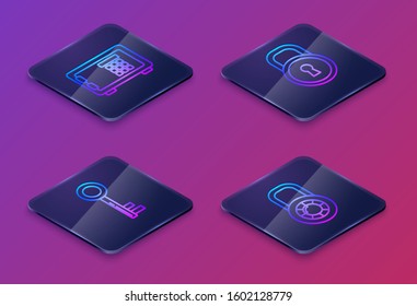 Set Isometric line Safe , Key , Lock  and Safe combination lock wheel . Blue square button. Vector