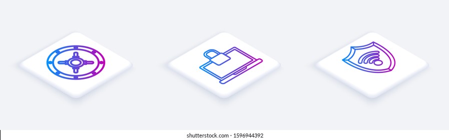 Set Isometric line Safe , Laptop and lock  and Shield with WiFi wireless internet network. White square button. Vector