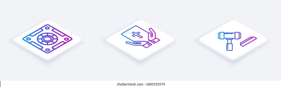 Set Isometric line Safe, Oath on the Holy Bible and Judge gavel. White square button. Vector