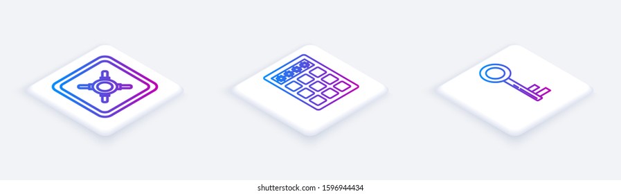 Set Isometric line Safe , Password protection and safety access  and Key . White square button. Vector