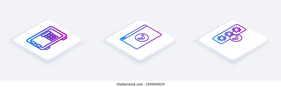 Set Isometric line Safe , Secure your site with HTTPS, SSL and Password protection and safety access. White square button. Vector