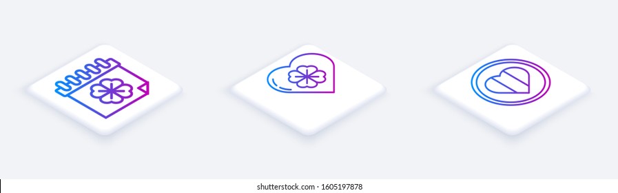 Set Isometric line Saint Patricks day with calendar, Heart with four leaf clover and Heart and Happy Saint Patrick day. White square button. Vector