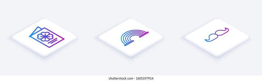 Set Isometric line Saint Patricks Day flyer, brochure, postcard, Rainbow and Mustache. White square button. Vector
