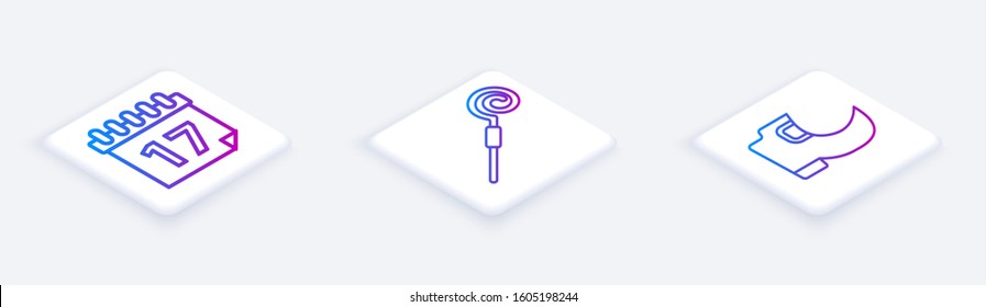 Set Isometric line Saint Patrick's day with calendar, Walking stick and Tradition leprechaun boots. White square button. Vector