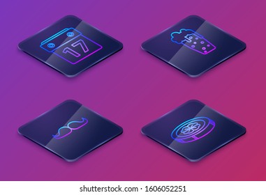 Set Isometric line Saint Patrick's day with calendar, Mustache, Glass of beer and Gold coin with four leaf clover. Blue square button. Vector