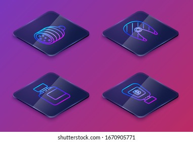 Set Isometric line Salami sausage, Sauce bottle, Fish steak and Sauce bottle. Blue square button. Vector
