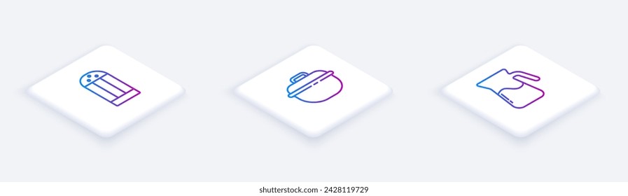 Set Isometric line Salt, Cooking pot and Jug glass with water. White square button. Vector