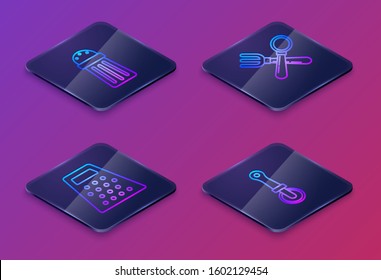 Set Isometric line Salt , Grater , Crossed fork and spoon  and Pizza knife . Blue square button. Vector