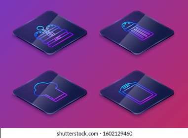 Set Isometric line Salt and pepper , Chef hat , Salt  and Cutting board . Blue square button. Vector