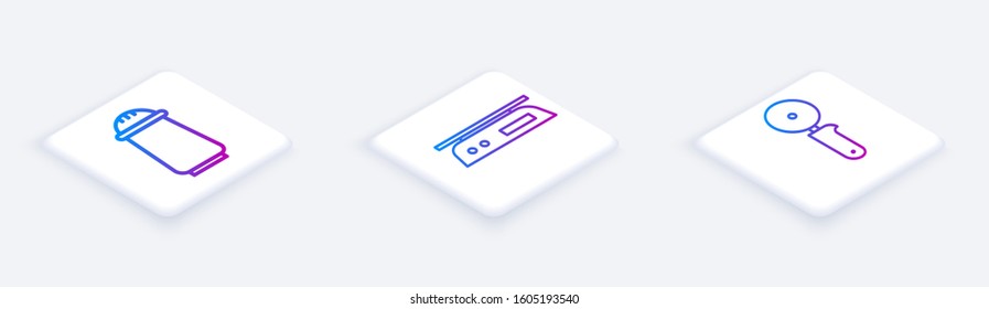 Set Isometric line Salt and pepper, Electronic scales and Pizza knife. White square button. Vector