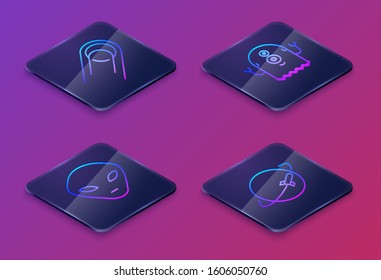 Set Isometric line Satellite, Alien, Alien and Planet. Blue square button. Vector