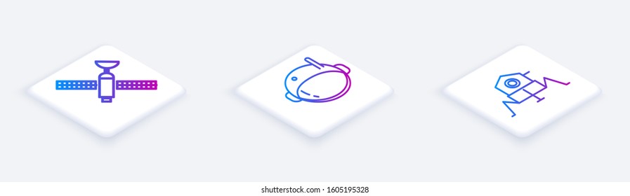 Set Isometric line Satellite, Astronaut helmet and Mars rover. White square button. Vector