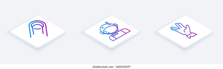 Set Isometric line Satellite, Astronaut and Vulcan salute. White square button. Vector