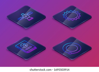 Set Isometric line Satellite, Book by astronomy, Sun and Satellites orbitando el planeta Tierra. Botón cuadrado azul. Vector