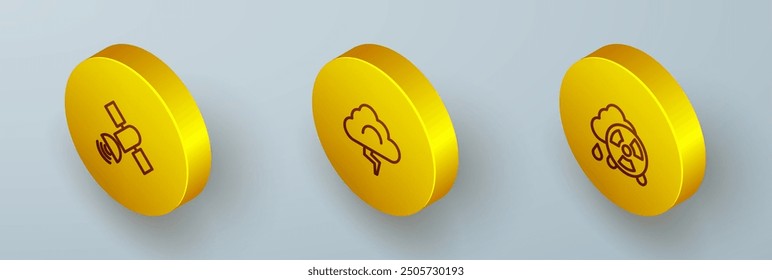 Set Isometric line Satellite, Cloud and lightning and Acid rain radioactive cloud icon. Vector