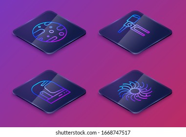 Set Isometric line Satellite dish, Astronaut helmet, Telescope and Black hole. Blue square button. Vector