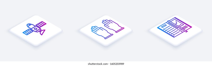 Set Isometric line Satellite, Rubber gloves and Notebook. White square button. Vector
