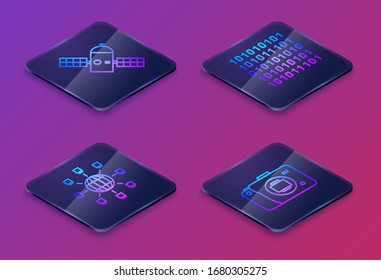 Set Isometric line Satellite, Social network, Binary code and Mirrorless camera. Blue square button. Vector