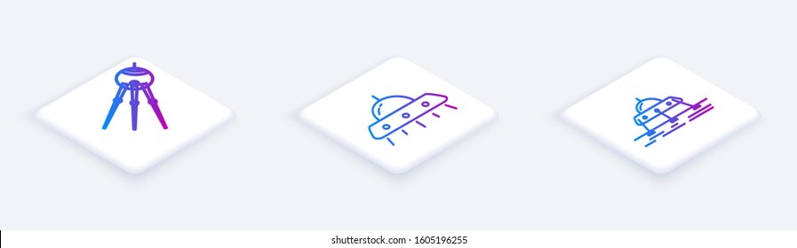 Set Isometric line Satellite, UFO flying spaceship and Mars rover. White square button. Vector