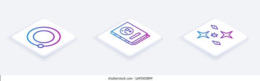 Set Isometric line Satellites orbiting the planet Earth, Book by astronomy and Planet. White square button. Vector