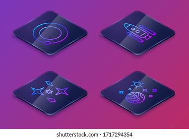 Set Isometric line Satellites orbiting the planet Earth, Planet, Space shuttle and rockets and Space and planet. Blue square button. Vector