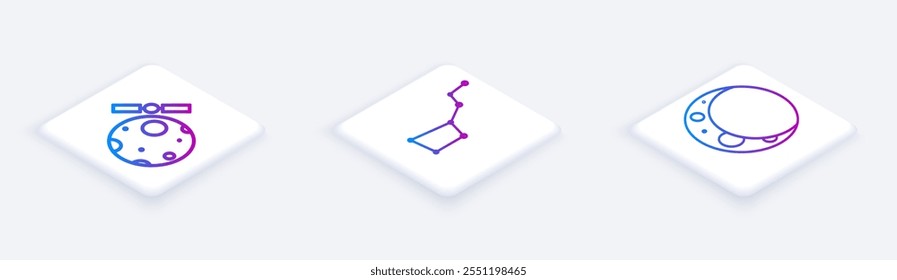 Definir linha isométrica Satélites orbitando o planeta Terra, a constelação do Grande Urso e a Lua. Botão quadrado branco. Vetor