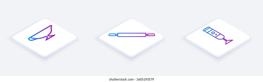Set Isometric line Sauce boat, Rolling pin and Blender. White square button. Vector
