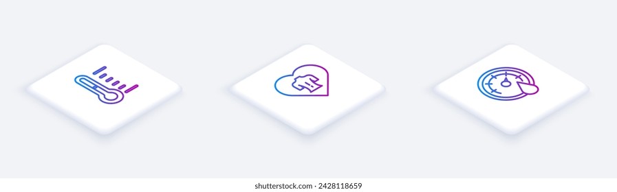 Set Isometric line Sauna thermometer, Massage and . White square button. Vector