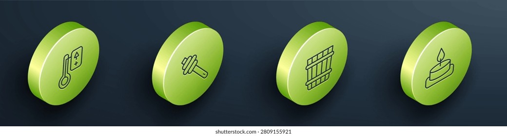 Set Isometric line Sauna thermometer, Honey dipper stick, bucket and Aroma candle icon. Vector