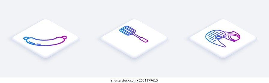 Set Isometric line Sausage, Spatula and Grilled fish steak and fire flame. White square button. Vector