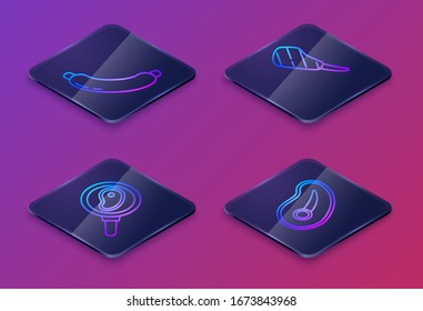 Set Isometric line Sausage, Steak meat in frying pan, Rib eye steak and Steak meat. Blue square button. Vector