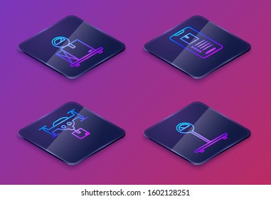 Set Isometric line Scale with cardboard box , Delivery drone with the package , Mobile phone with app delivery tracking  and Scale . Blue square button. Vector