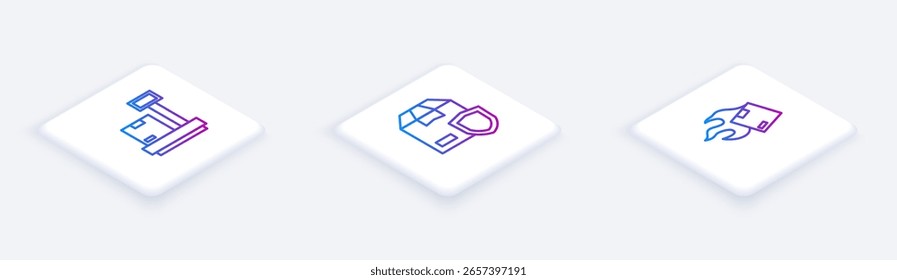 Conjunto de escala de línea isométrica con caja de cartón, escudo de seguridad de entrega y cartón. Botón cuadrado blanco. Vector