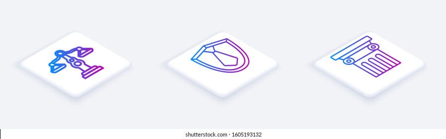 Set Isometric line Scales of justice, Tie and Law pillar. White square button. Vector