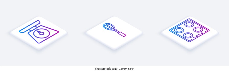 Set Isometric line Scales , Kitchen whisk  and Gas stove . White square button. Vector