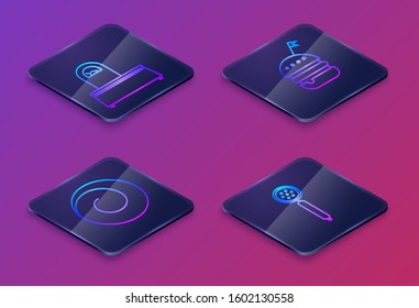 Set Isometric line Scales , Roll bun with cinnamon , Burger  and Strainer spoon . Blue square button. Vector