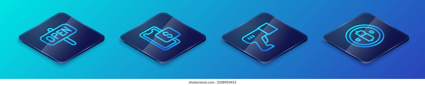 Set Isometric line Scanner scanning bar code, Hanging sign with text Open, Cryptocurrency coin Bitcoin and Mobile shopping icon. Vector