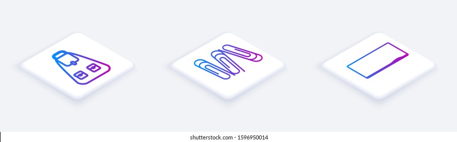 Set Isometric line School backpack, Paper clip and Chalkboard. White square button. Vector
