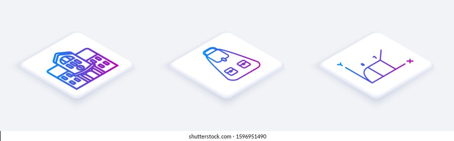 Set Isometric line School building, School backpack and Pie chart infographic. White square button. Vector