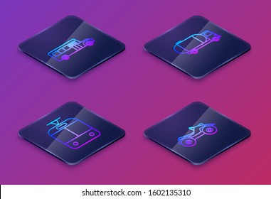 Set Isometric line School Bus, Tram and railway, Tanker truck and All Terrain Vehicle or ATV motorcycle. Blue square button. Vector