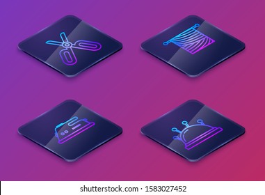 Set Isometric line Scissors, Electric iron, Knitting and Needle bed and needles. Blue square button. Vector