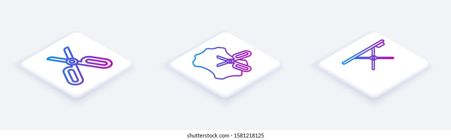 Set Isometric line Scissors, Scissors and leather and Ironing board. White square button. Vector